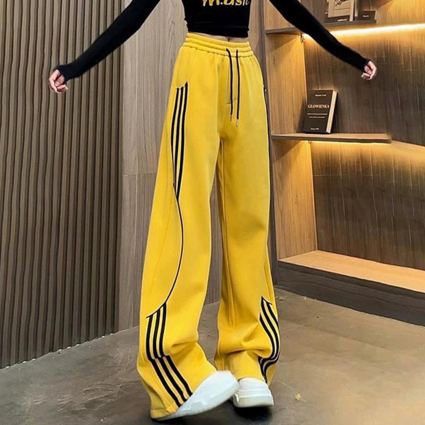 美式撞色条纹女宽松卫裤