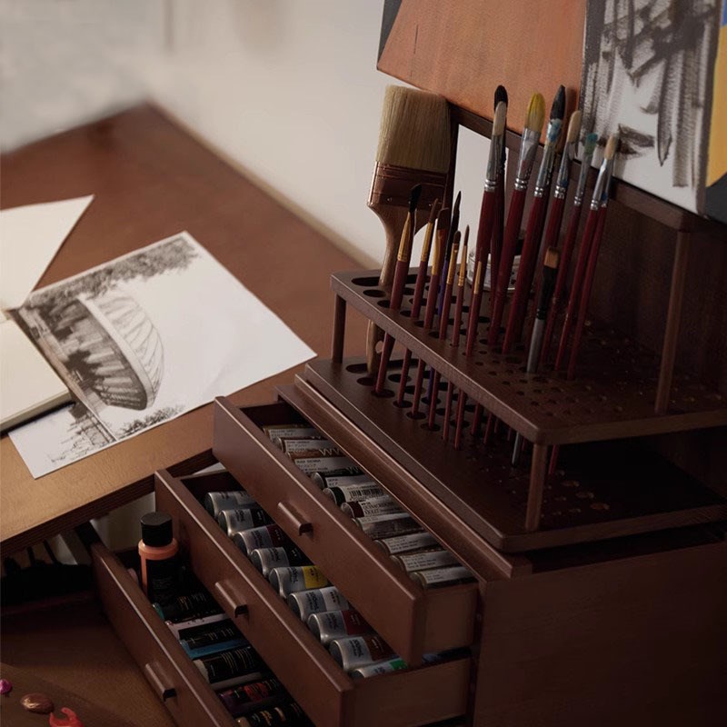 意式专业胡桃木色复古桌面六层储物油画颜料收纳抽屉画盒美术用品