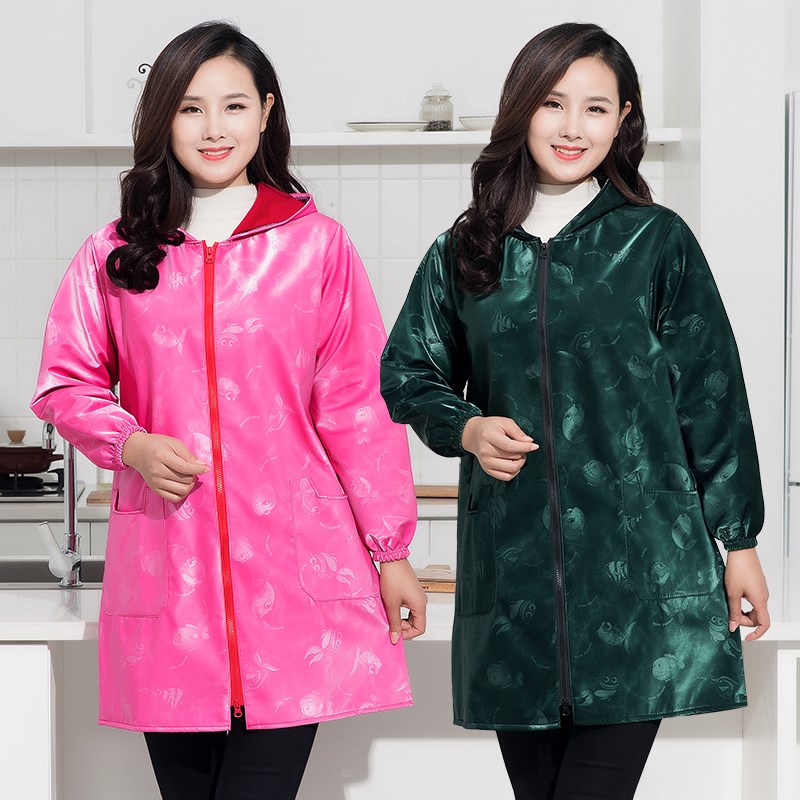 1Z5X冬季家用厨房PU皮罩衣大人女防水防油时尚加绒加厚工作服围裙