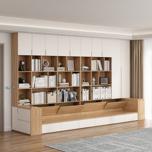 沙发书柜一体客厅墙柜书橱组合家用带卡座书架背景整墙储物柜定制