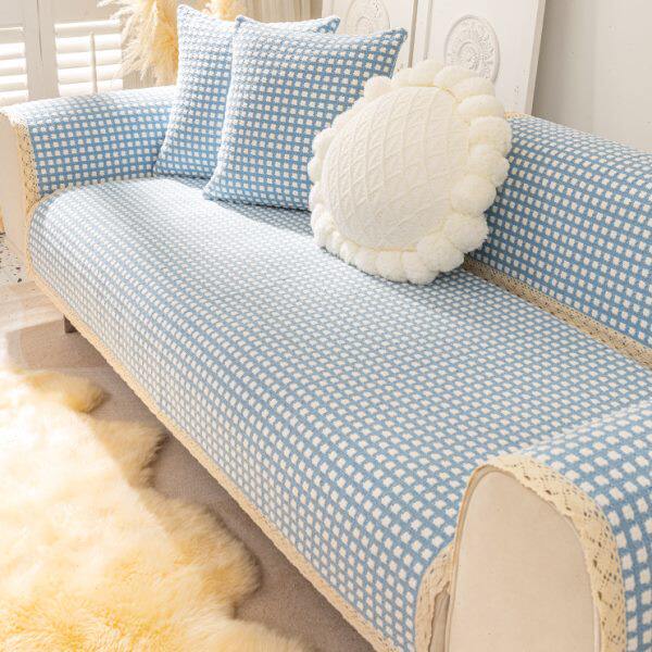 北欧简约棉麻沙发垫防滑四季通用格子现代帆布新中式沙发盖巾套罩