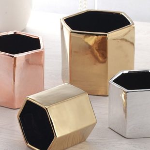 北欧金色陶瓷电镀金花瓶花盆花器 家居装饰品 家居婚房样板间摆件