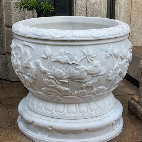 石雕鱼缸花盆青石中式仿古荷花鱼石雕
