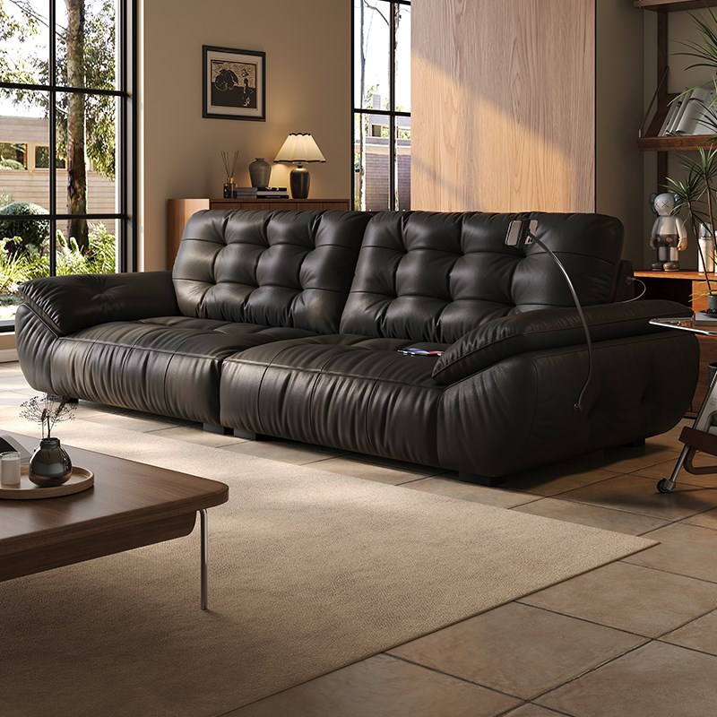 真皮沙发头层牛皮意n式复古客厅黑色中古太空直排三人位云朵皮沙