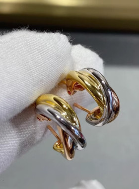 三色金耳环三环交叉耳圈小圆圈素圈麻花K金高级感耳饰2025新耳钉