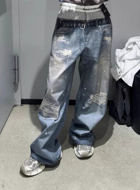 做旧ProjectG/R24假两件恶搞内裤3D印花宽松破坏男女同款牛仔长裤