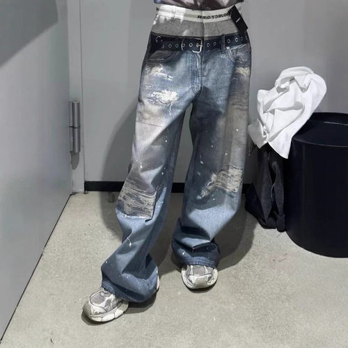 做旧假两件恶搞3D印花牛仔长裤