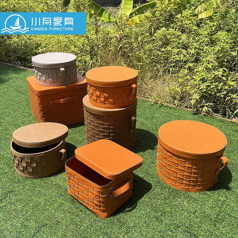 轻奢皮革手工编织收纳篮筐样板间客厅玄关置物筐道具装饰摆件饰品