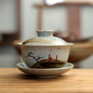 亦紫陶仿古粗陶茶具陈胜波手绘功夫茶盖碗写意泡茶具茶碗