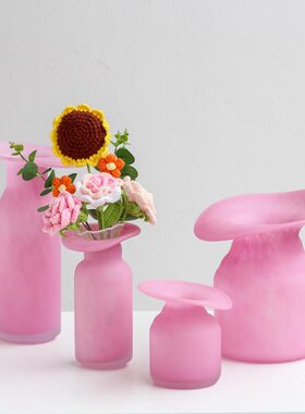 现代粉色黄色田园风格玻璃花瓶磨砂哑光软装饰品创意台面鲜花摆件