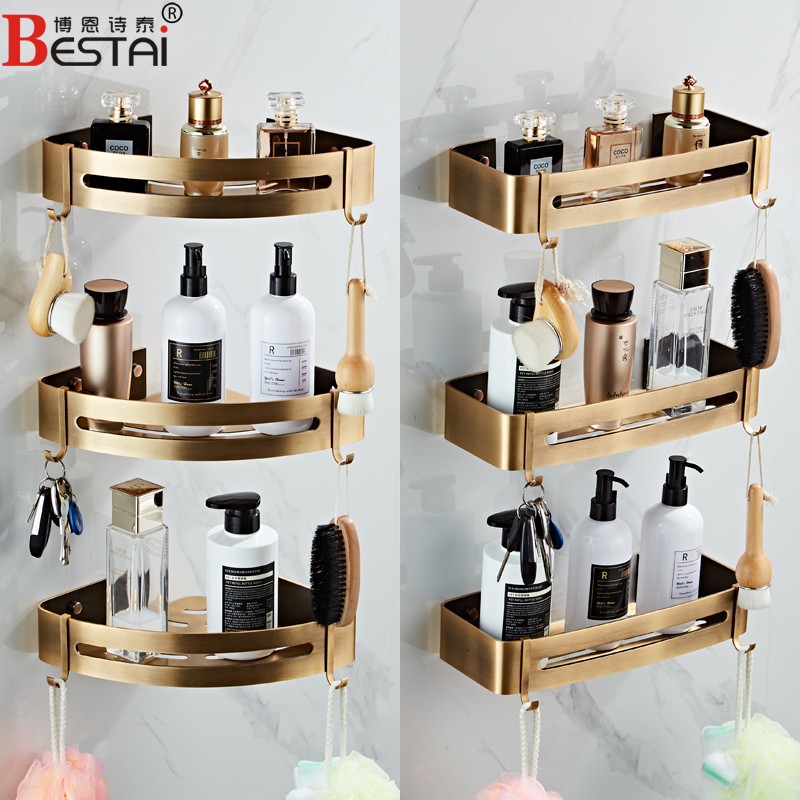 免打孔仿古浴室三角篮o卫生间壁挂双层转角置物架欧式太空铝墙角