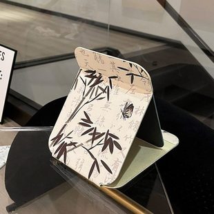中国风镜子可折叠化妆镜台式 皮革便携宿舍旅行家用古风 桌面翻盖式