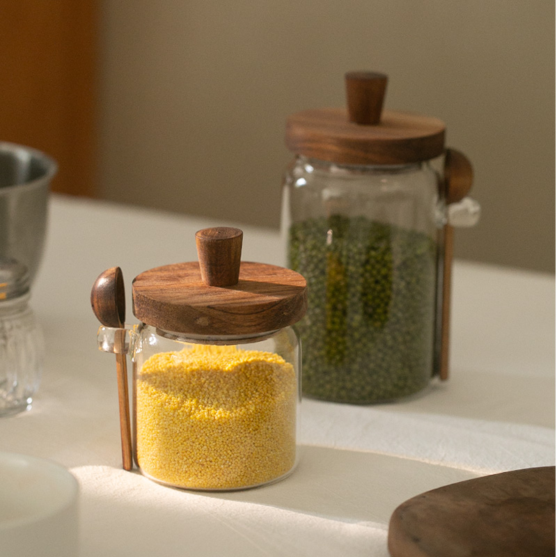 好看的玻璃e密封罐带小勺相思木盖调味罐防潮咖啡收纳罐佐料调味