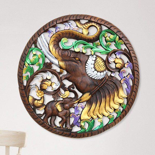 圆形木制壁挂装饰品工艺品墙饰大象柚木雕花板客厅背景墙复古挂件