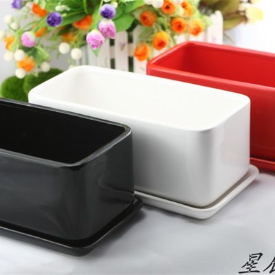 【热卖款】 陶瓷花盆长方形大号配底盘J托盘多肉白色黑色红色包邮
