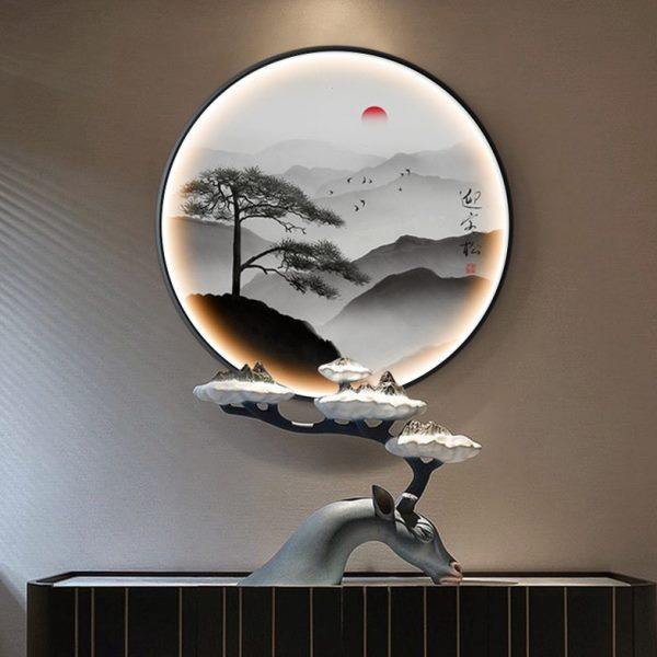 入户玄关装饰画灯画走廊过道圆形新中式山水画背景墙挂画餐厅壁画,家居饰品,工艺画,淘宝优惠券,粉丝福利购,淘宝优惠卷