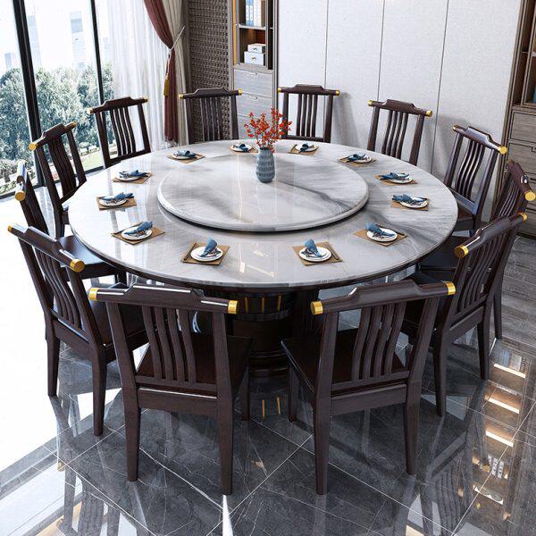 超晶石实木餐桌椅组合10人家用圆形新中式酒饭店大理石圆桌带转盘