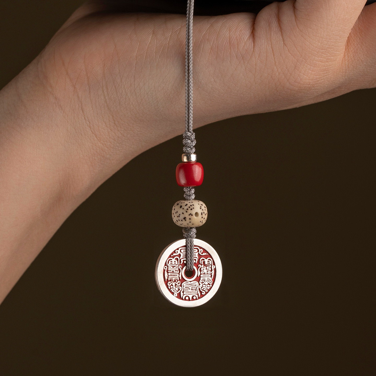 纯银山鬼花钱手机链挂件朱砂平安扣藏式包挂绳高档好运吊坠挂饰品