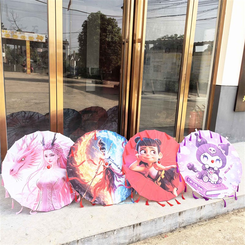 新款哪咤之魔童降世绸布儿童流苏油纸伞印花道具古风拍照舞蹈