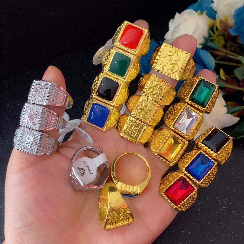 爆款夸张土豪金节日角色装扮y假金戒指道具仿宝石润滴油男女款指