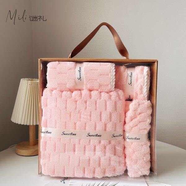 礼盒云朵格浴巾毛巾干发帽方巾四件套比纯棉吸水速干男女加厚韩版
