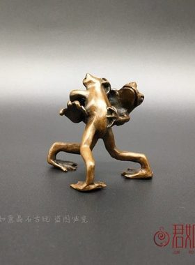 复古包浆铜摔跤小青蛙文玩小笔架 实心铜两只青蛙小摆件 铜小件