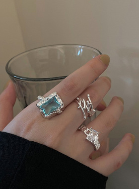 日韩S925银蓝色锆石戒指女复古时尚个I性线条交叉开口指环食指戒