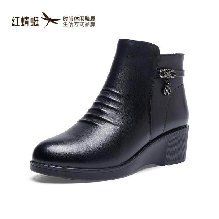 红蜻蜓2026新款冬季女短靴妈妈加绒牛皮厚底坡跟平底 CD78152001H