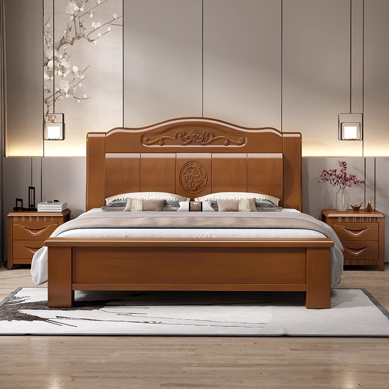 新中式实木c床主卧1米8双人大床1米5简约现代家用高箱储物实木婚