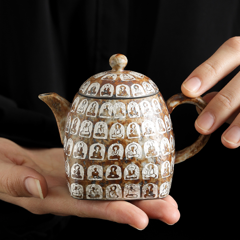 老岩泥鎏银千佛四方茶壶泡茶家用C单壶中式高端功夫茶具陶瓷泡茶