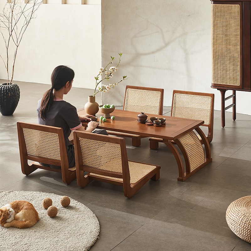 日式小桌子实木藤编o茶室榻榻米桌椅组合中式禅意茶台阳台矮茶桌