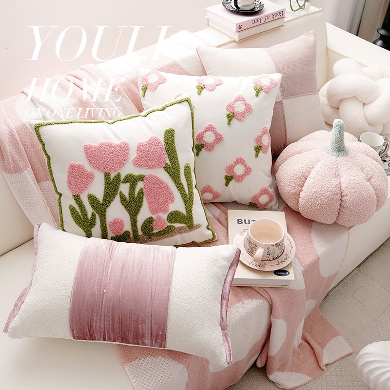 粉色花朵可爱风抱枕含芯法式奶油风南瓜客厅O装饰沙发床头腰枕靠