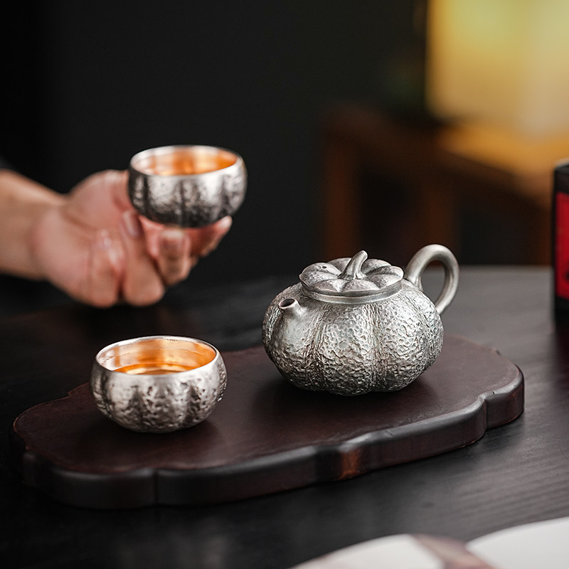 宋瑜鎏银茶具一壶二杯创意南瓜造型茶壶茶杯套装锤纹工艺功夫茶具