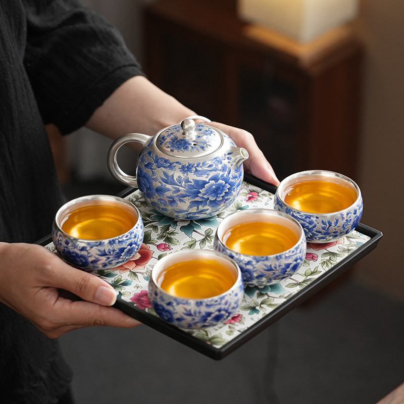 宋瑜鎏银一壶二杯青花牡丹西施茶壶家用陶瓷功夫茶具泡茶壶礼盒装