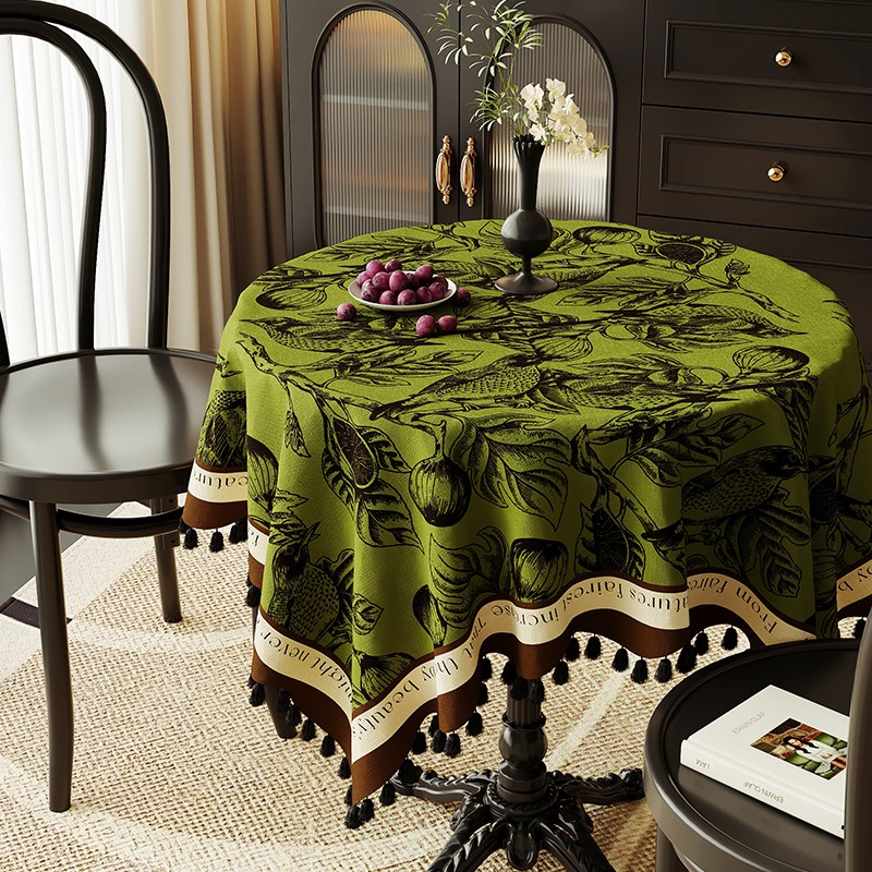 中古风圆桌布防水防烫免洗餐桌垫轻奢高级感茶Q几盖布流苏圆桌台