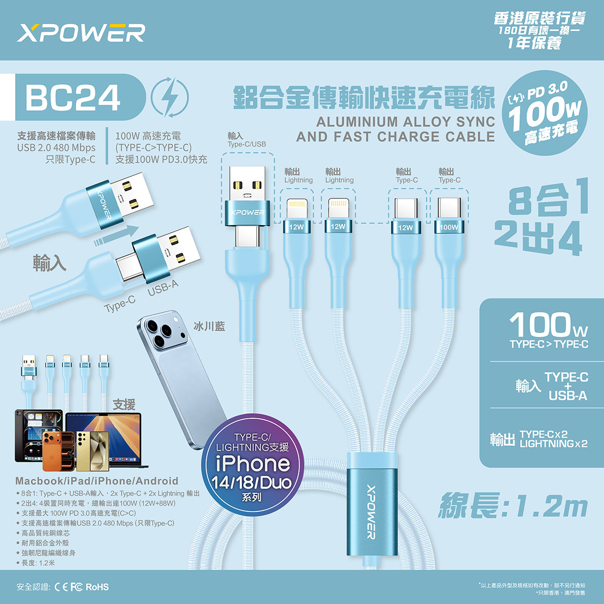 香港XPower BC24 1.2米 8合1 2出4 100W PD3.0 铝合金传输快速充电线数据线冰川蓝