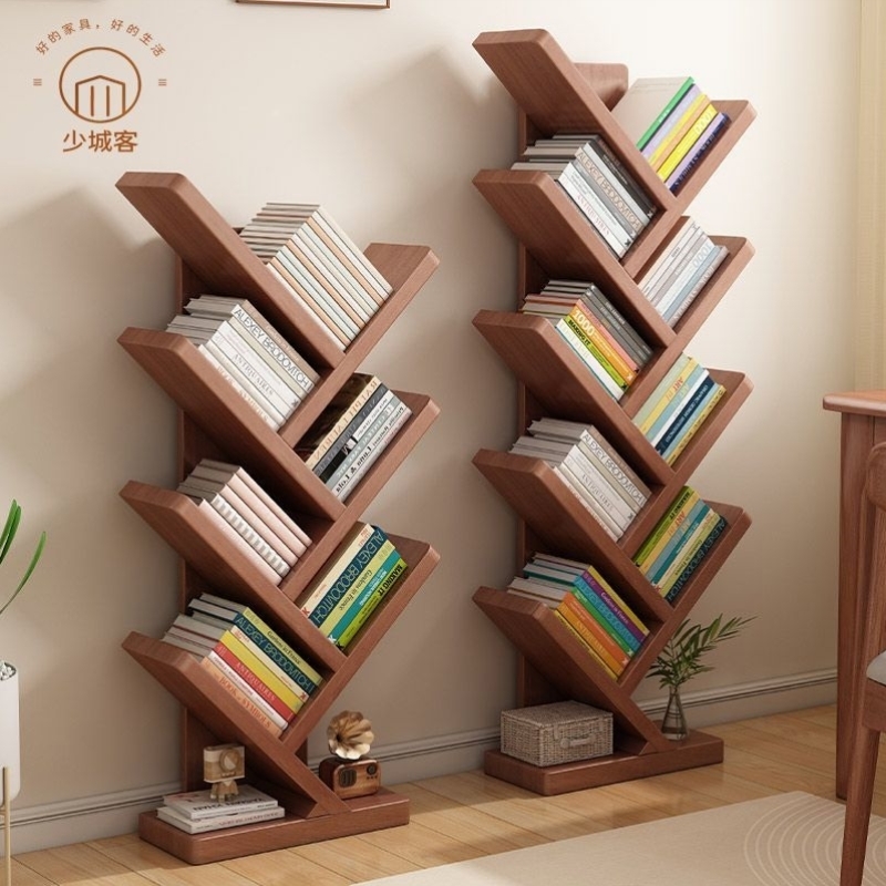 实木书架落地置物架家用客厅收纳学生简易树形多层靠墙书柜创意