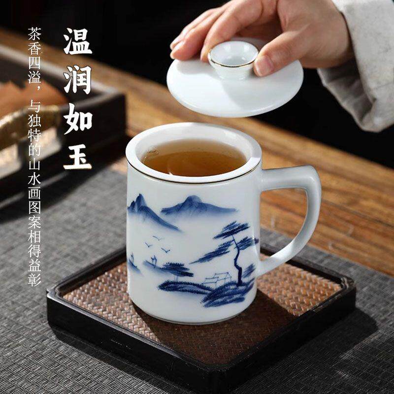 陶瓷水杯带盖景德镇手绘