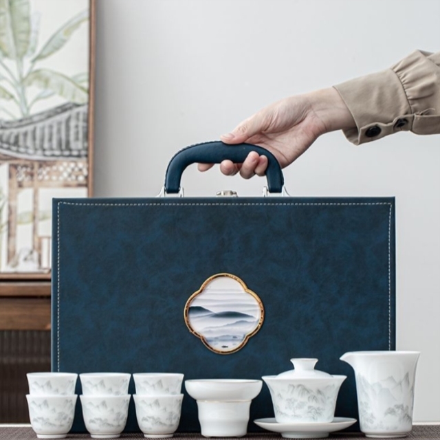 千里江山白瓷冰种水墨画手绘茶具套装礼盒羊脂玉高档轻奢旅行茶具