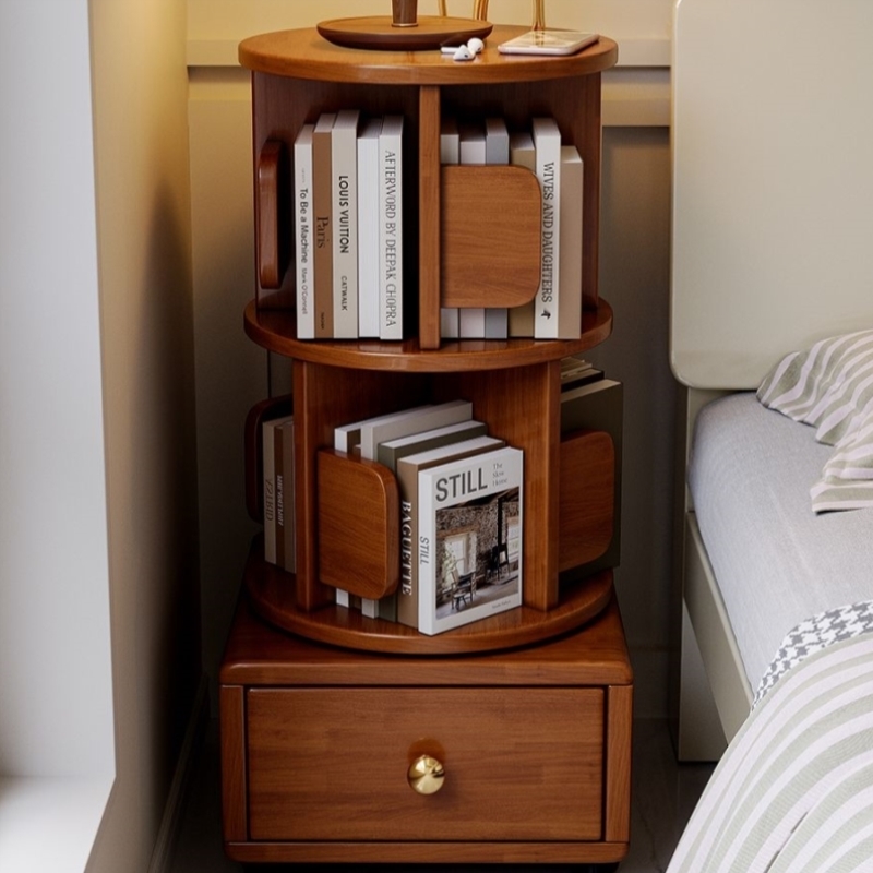 全实木旋转小书架移动带轮卧室儿童书柜简约床头柜床边收纳置物架