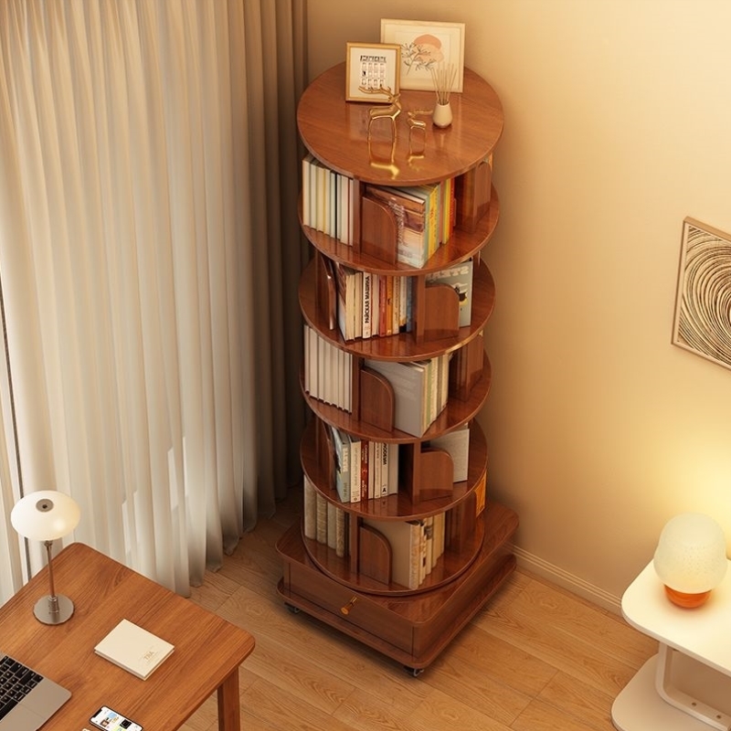 旋转书架一体360儿童家用书柜客厅简约实木色落地移动收纳置物架