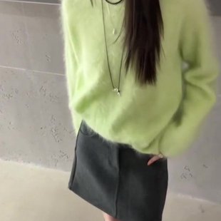 毛茸茸质感柔软针织衫 新款 青苹果绿拉绒羊绒毛衣女冬季 挚爱推荐