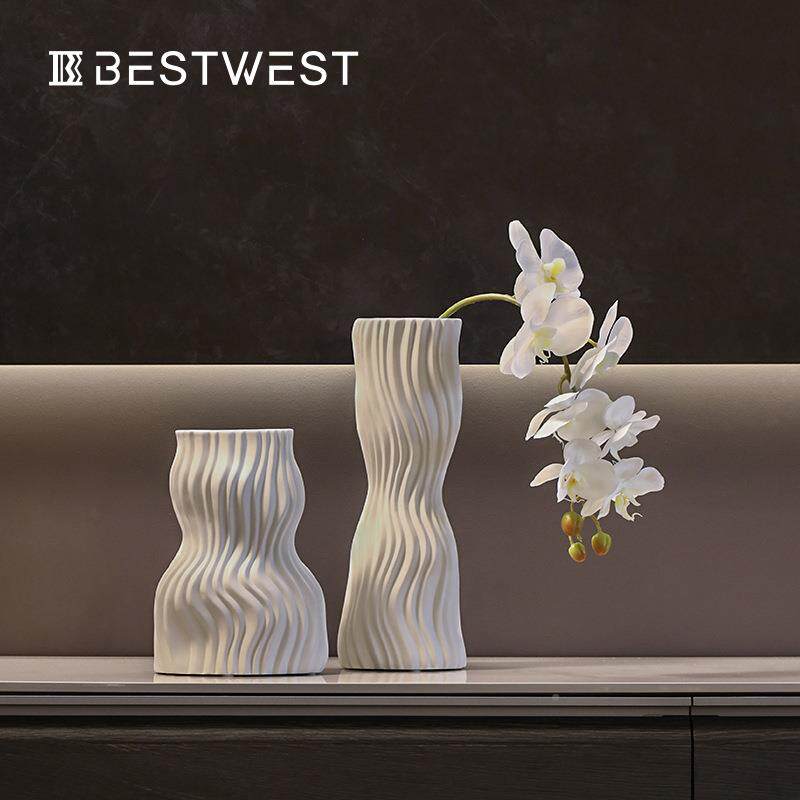 西家居博简约素色水纹陶瓷大花瓶i波s家居客厅n白色花器装X691-W