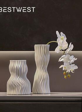 西家居博简约素色水纹陶瓷大花瓶i波s家居客厅n白色花器装X691-W