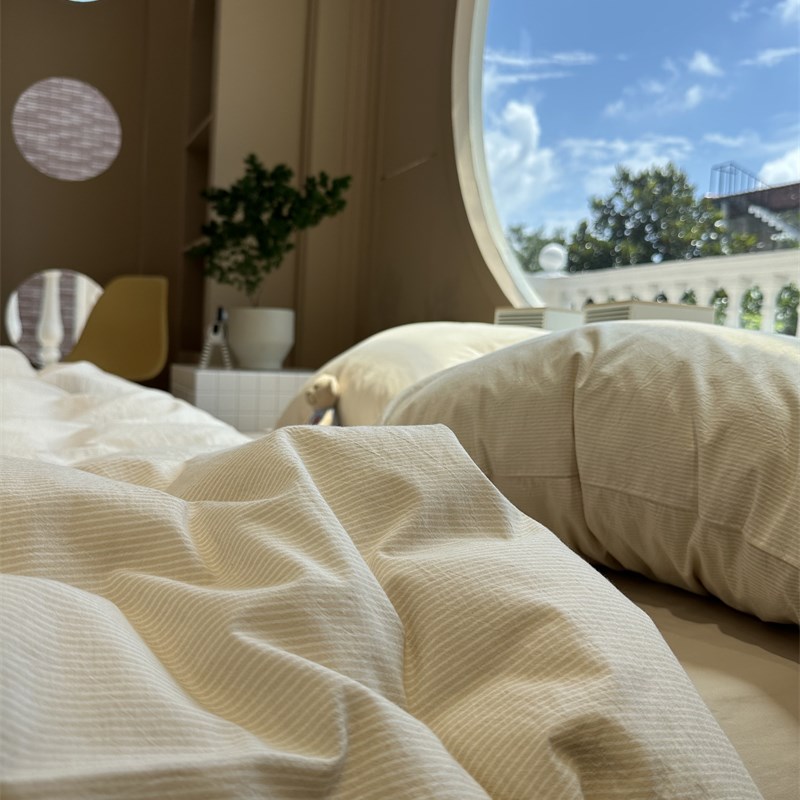 日式简约水洗棉极细条纹米床上四件套全E棉1.5m1.8公寓被套三件套