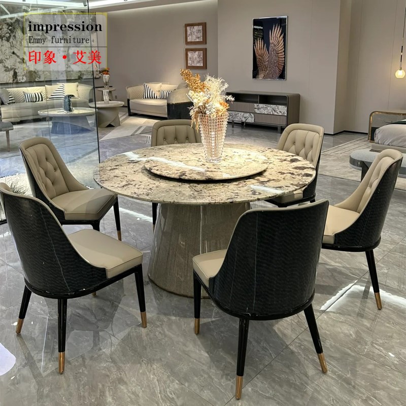 意式轻奢大理石餐桌椅圆形奢石饭桌豪宅实木别R墅烤漆餐桌椅组合