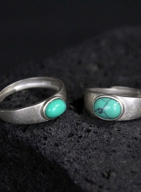 镀S925银手工制作情侣对戒光面镶嵌绿松石戒O指复古民族风活口指