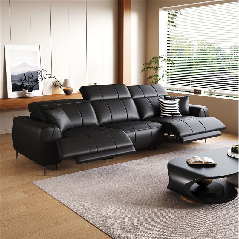 电动功能真皮沙发头层牛皮可调节横厅大平M层钢琴键黑色赫兹沙发