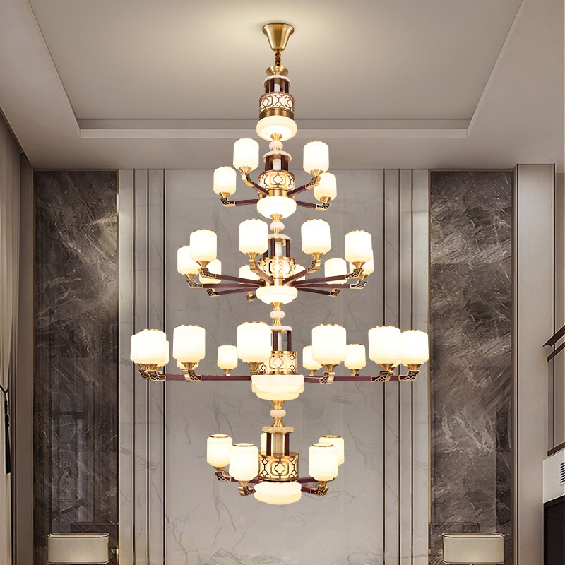 别墅客厅大吊灯i复式楼实木全铜大气挑空楼梯五层复古木艺中山灯