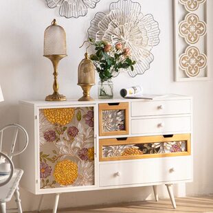 法式奶油风五斗柜实木复古玻璃彩绘白色铁艺柜子入户玄关柜正对门